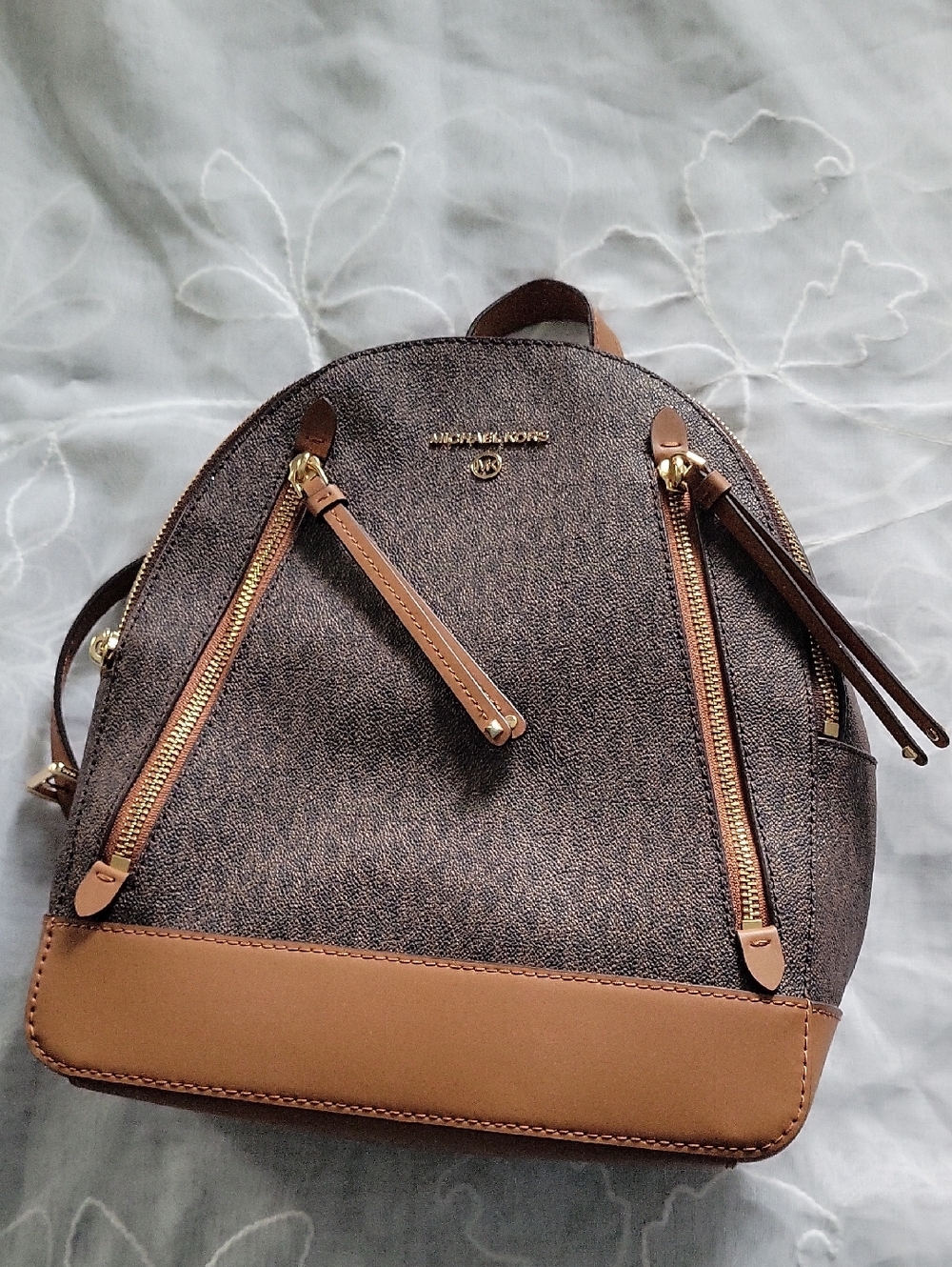 Michael Kors Brooklyn Brown Logo Backpack with Tan Base and Trim